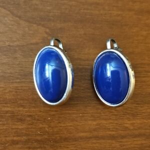 Elegant Blue And Silver Oval Clip Earrings